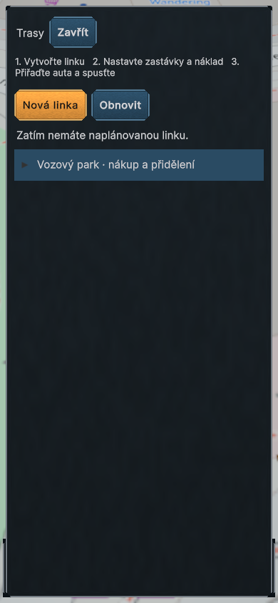 Správa tras — vývojový test, 30. 9. 2026. Panel dopravy s prázdným seznamem. Bez aktivní přepravy.