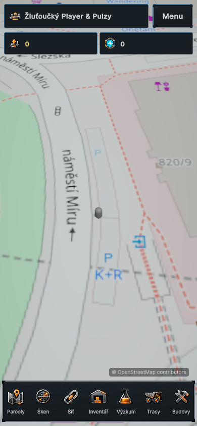 Mapa herního světa — vývojový test, 30. 9. 2026. Simulovaná poloha a testovací profil. Bez rozvinuté výroby.